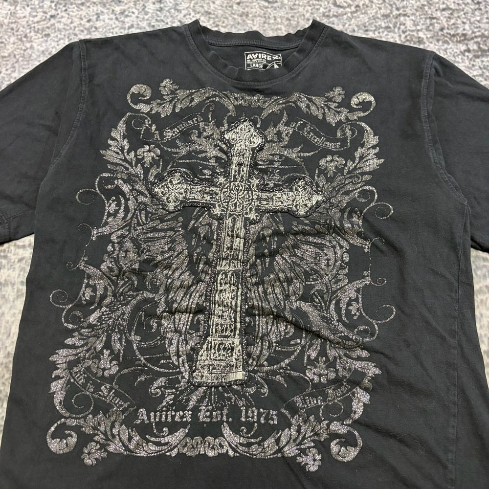 Vintage Avirex T Shirt Mens Large Black Cross Y2K Grunge Goth Skater - Picture 3 of 9